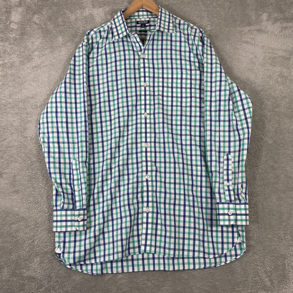 Bonobos Button Down Shirt Mens 17.5 35 Blue Gingham Wrinkle Free Standard Fit